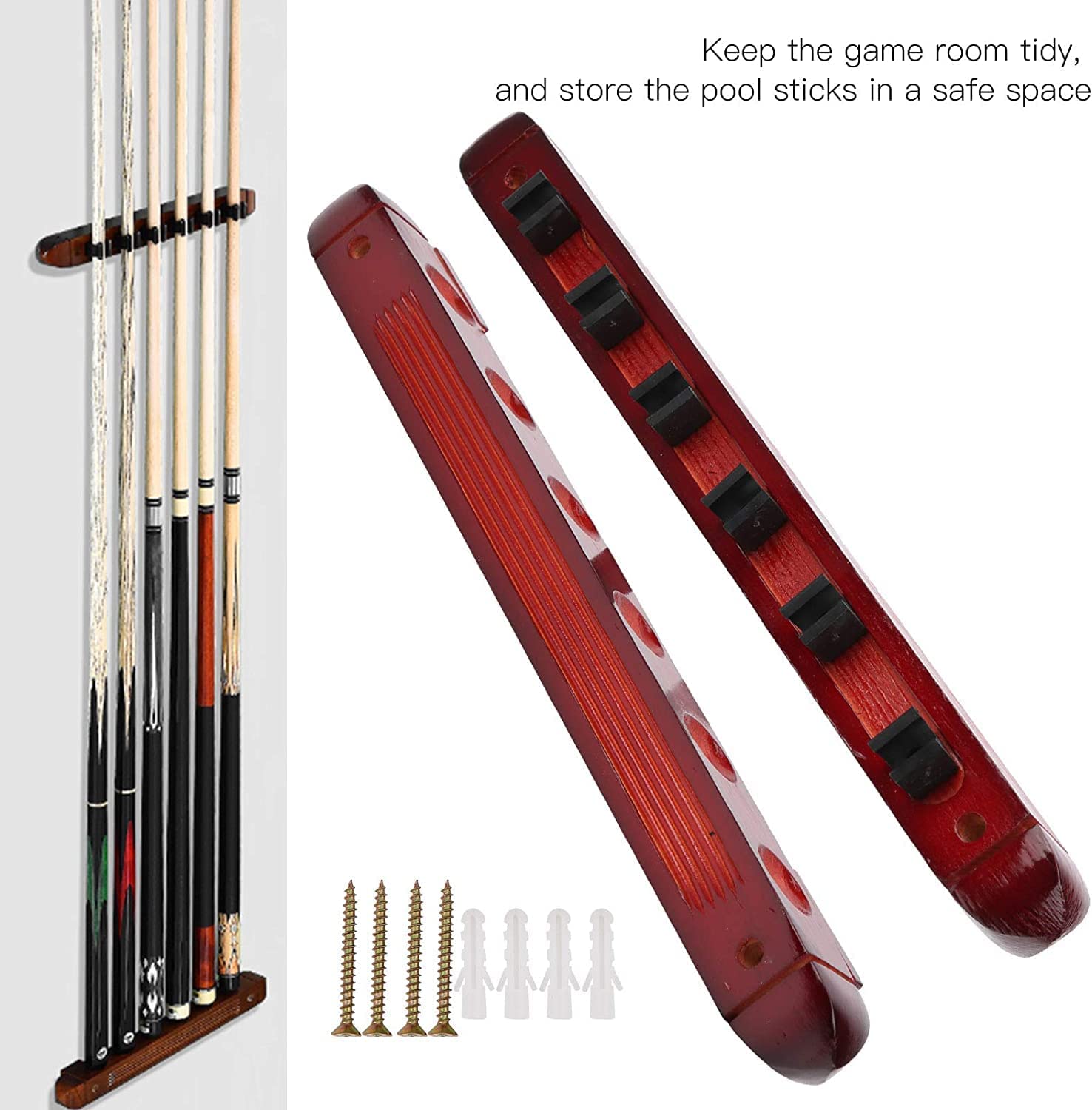 YALLA HomeGym Red Wall Mount 6 Billiard Pool Cue Sticks Holder Rack