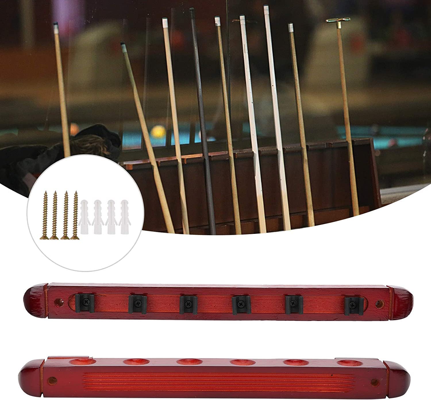YALLA HomeGym Red Wall Mount 6 Billiard Pool Cue Sticks Holder Rack