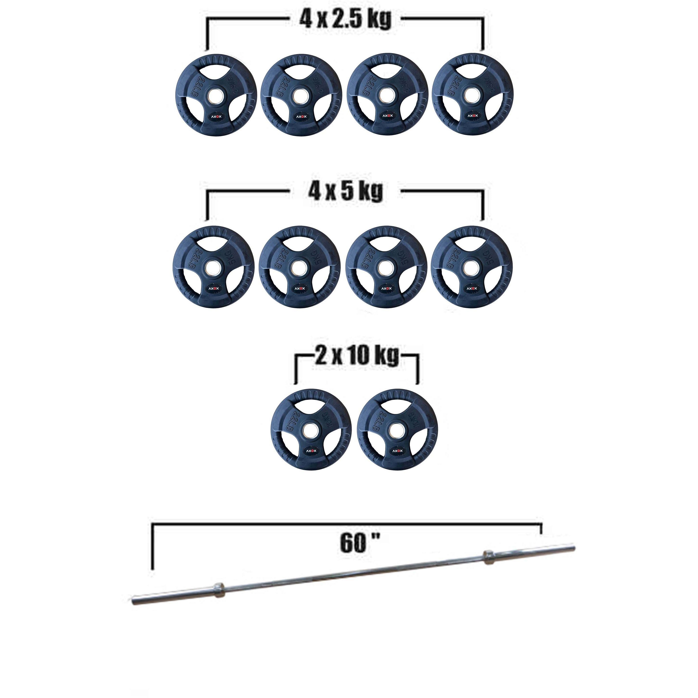 Axox Fitness Olympic Rubber Grip Disc with Barbell Set – Black | 60 Kg