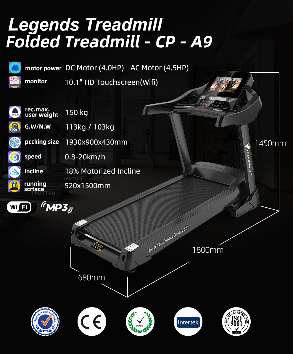 YALLA HomeGym LEGENDS Commerical Treadmill 4.5HP AC Motor, Touch Screen, Auto Incline