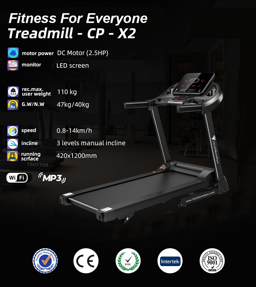YALLA HomeGym Fitness For Everyone Treadmill 0.6-14KM/H with LED Screen, 2.5HP Motor, Compact, Foldable with 3 levels Manual Incline, Smart Display