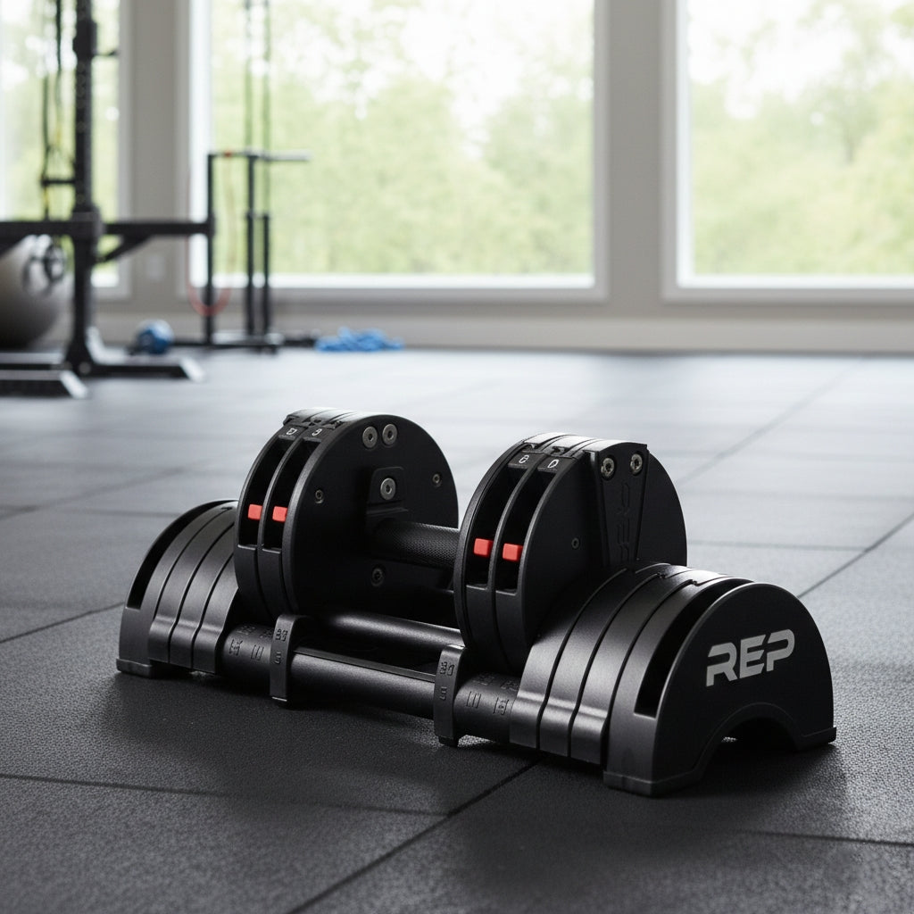REP Fitness Adjustable Dumbbell Stand with QuickDraw Adjustable Dumbbells - Pair | 15 Kg