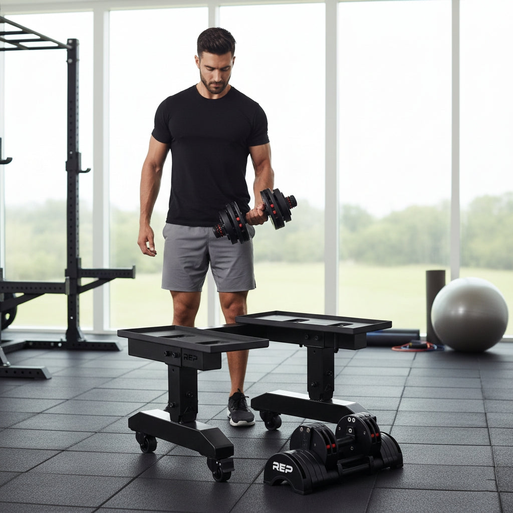 REP Fitness Adjustable Dumbbell Stand with QuickDraw Adjustable Dumbbells - Pair | 15 Kg