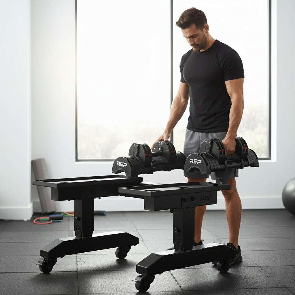 REP Fitness Adjustable Dumbbell Stand with QuickDraw Adjustable Dumbbells - Pair | 15 Kg