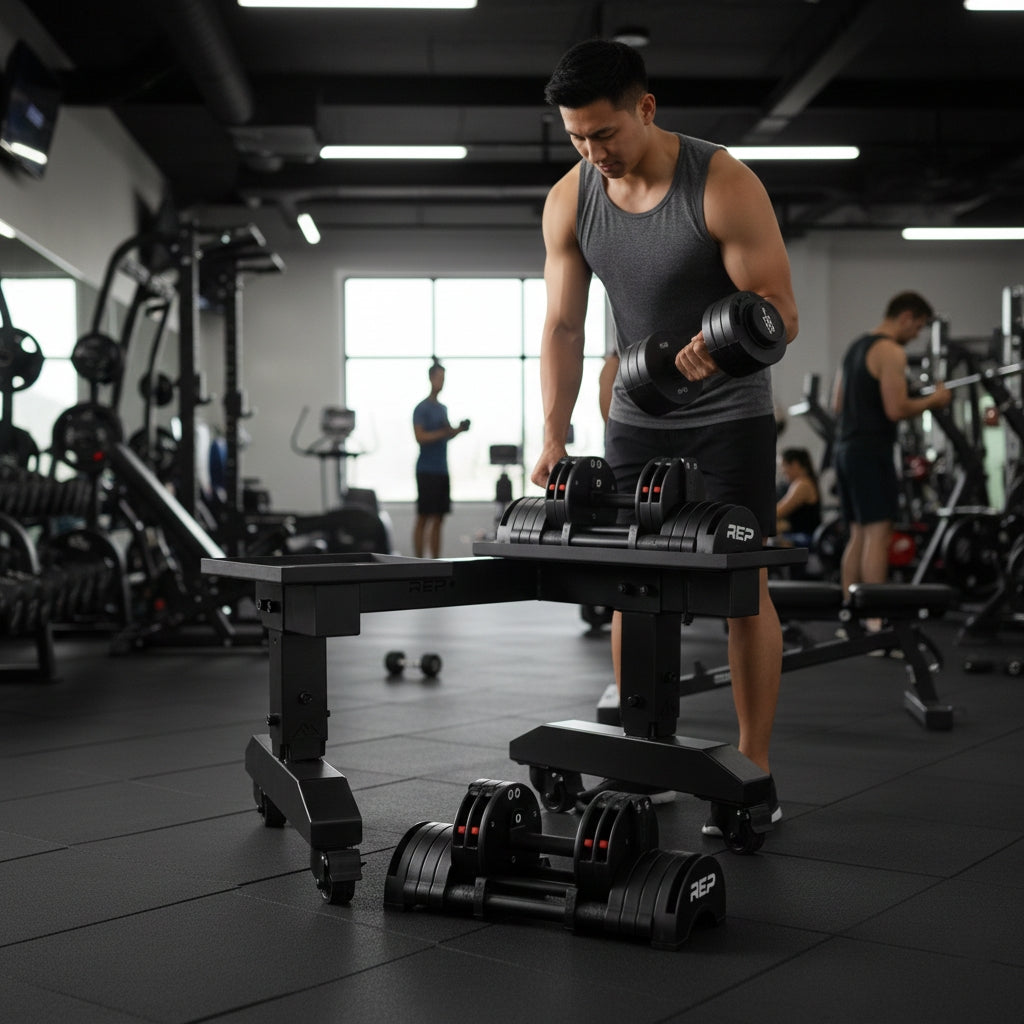 REP Fitness Adjustable Dumbbell Stand with QuickDraw Adjustable Dumbbells - Pair | 15 Kg