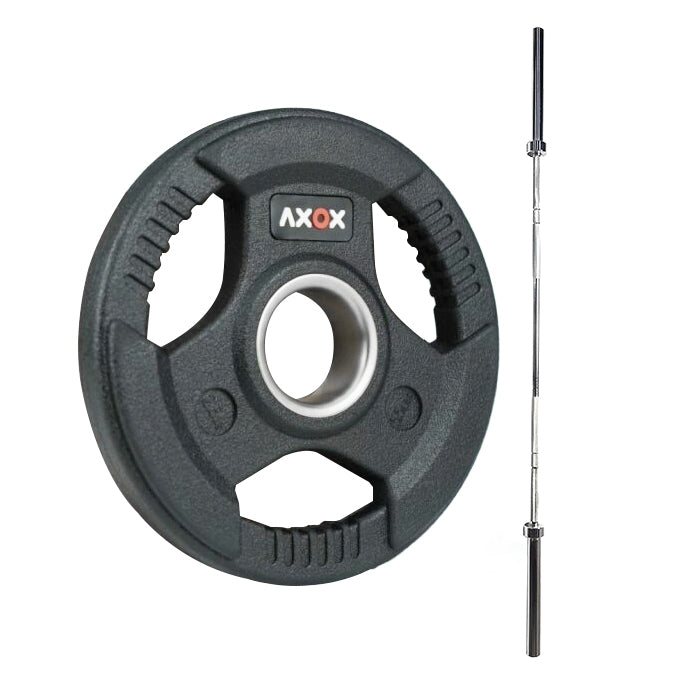 Axox Fitness 3-Grip Rubber Weight Plate with PVC Label & 86-Inch Olympic Barbell Set | 100 Kg