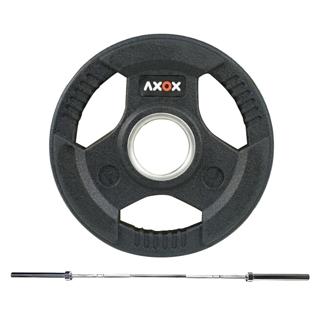 Axox Fitness 3-Grip Rubber Weight Plate with PVC Label & 86-Inch Olympic Barbell Set | 140 Kg