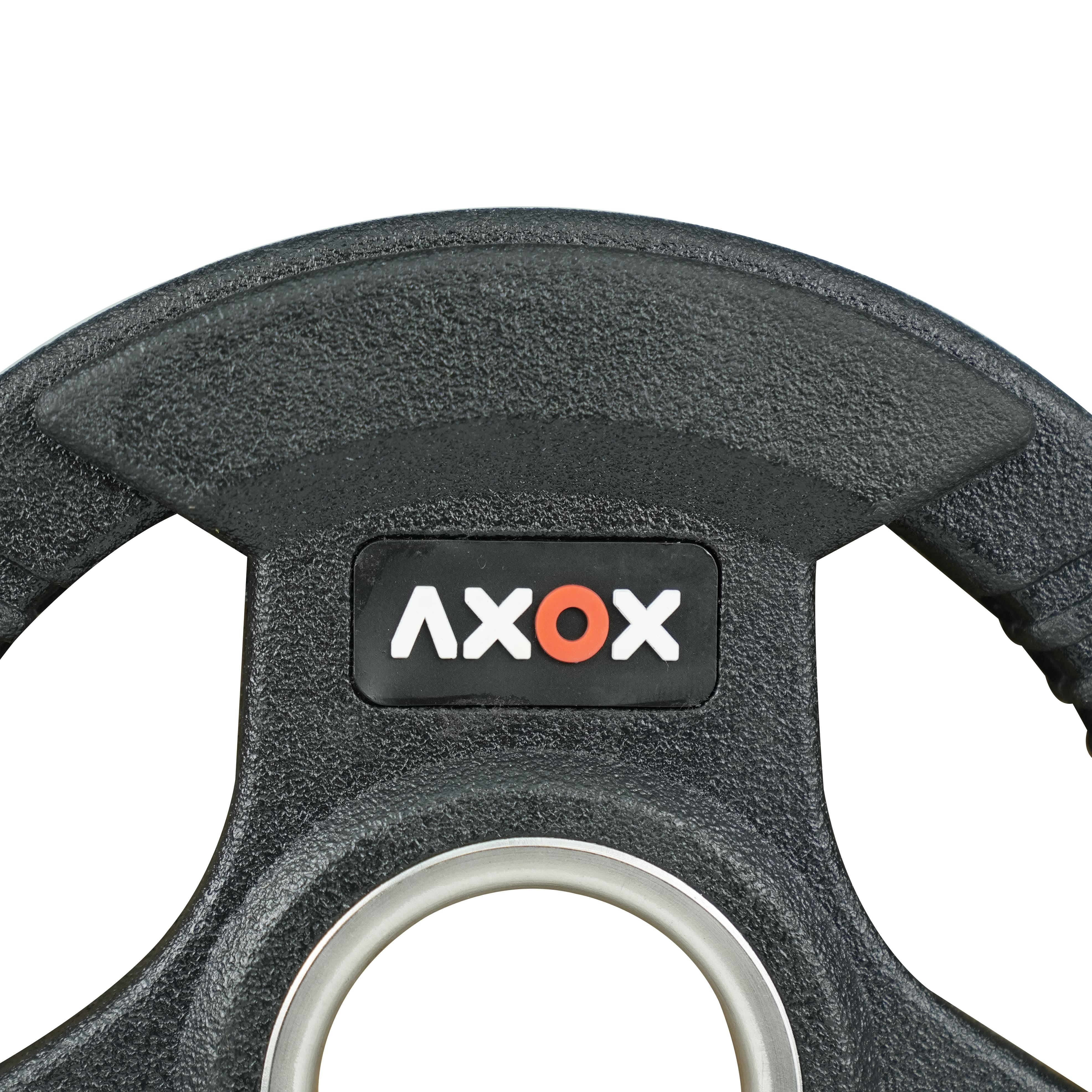 Axox Fitness 3-Grip Rubber Weight Plate with PVC Label & 86-Inch Olympic Barbell Set | 140 Kg