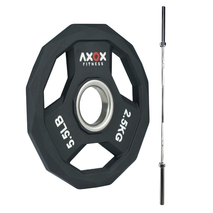 Axox Fitness 3-Grip TPU Weight Plates with 86-Inch Olympic Barbell Set | 140 kg