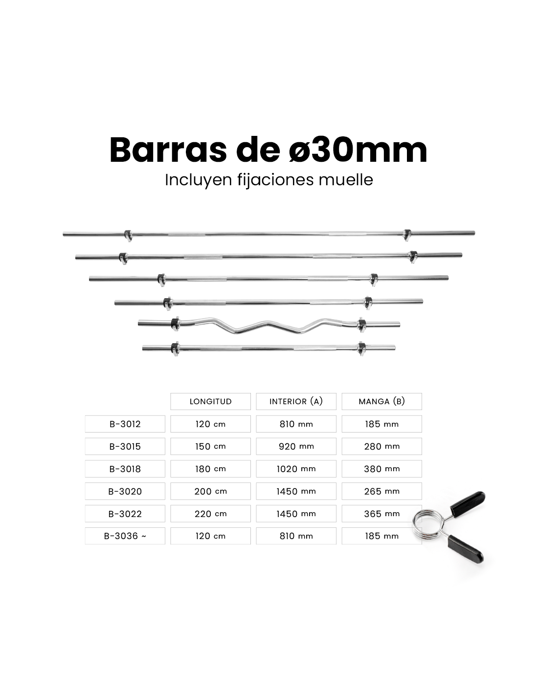 B-3012 TO B-3022 WEIGHTLIFTING BAR WITH SAFETY COLLARS