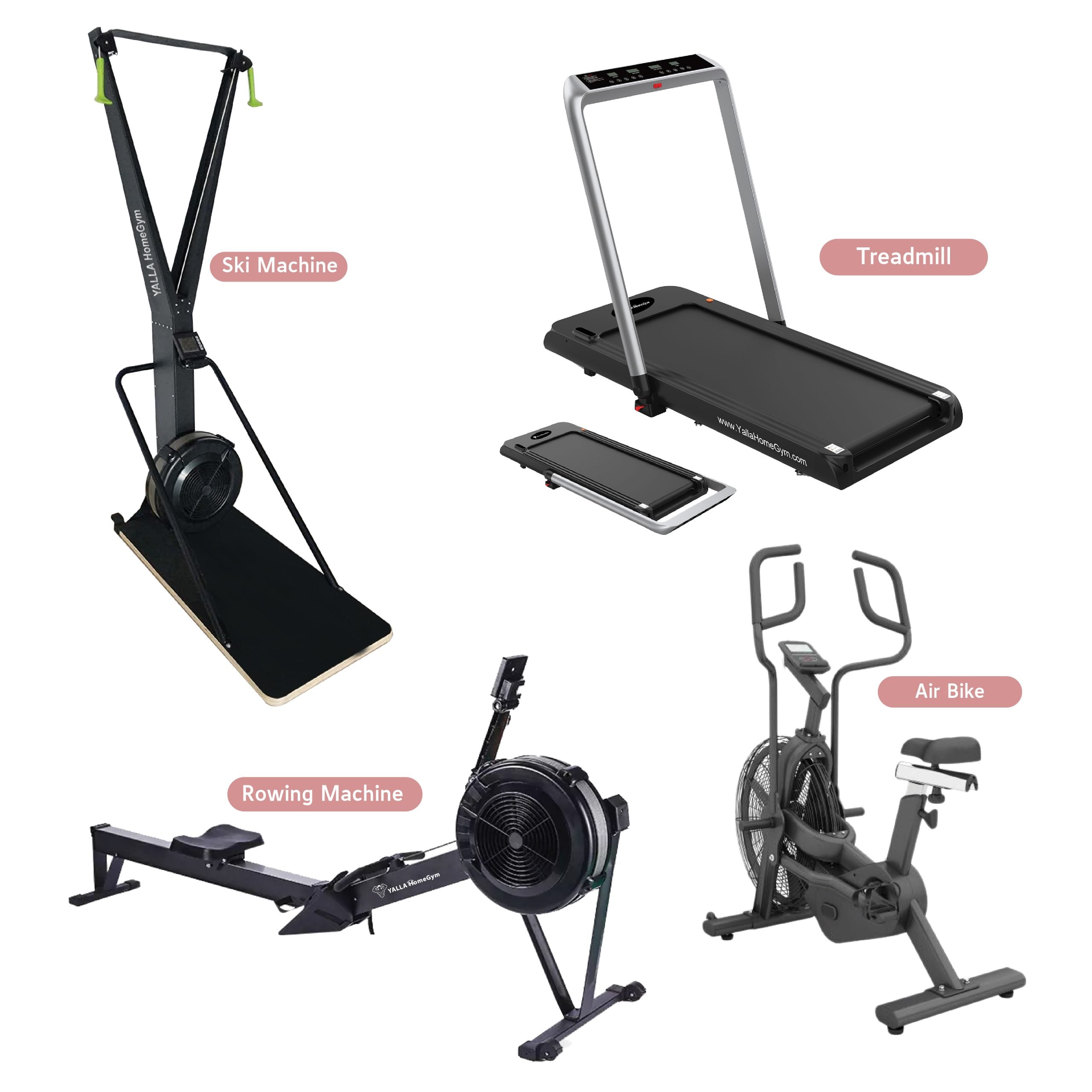 YALLA HomeGym Air Bike, Treadmill, Rowing And Ski Machine Full Body Cardio Bundle