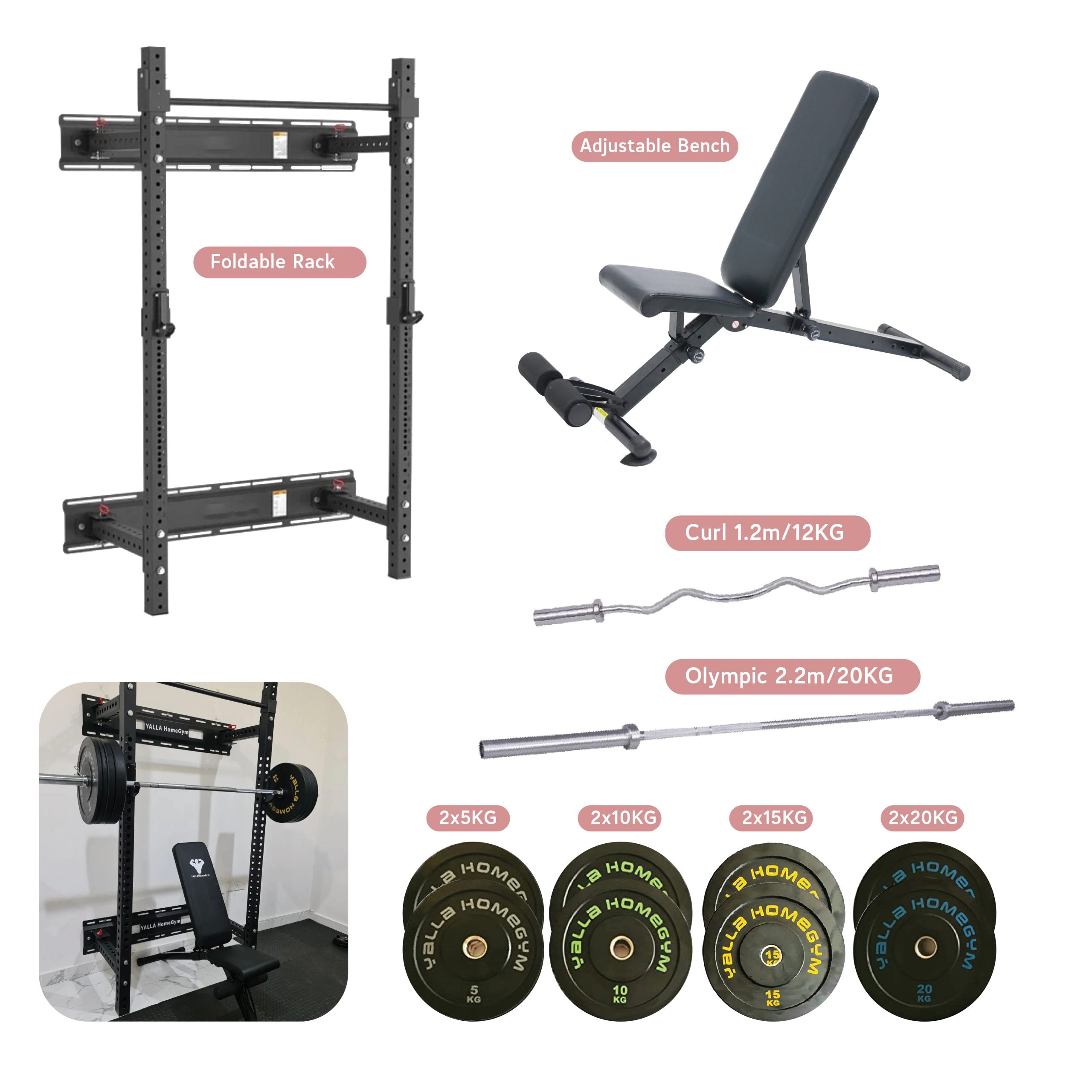 YALLA HomeGym Squat Rack, Bench, Barbell &amp; Weight Plates, Powerlifter Pro Bundle