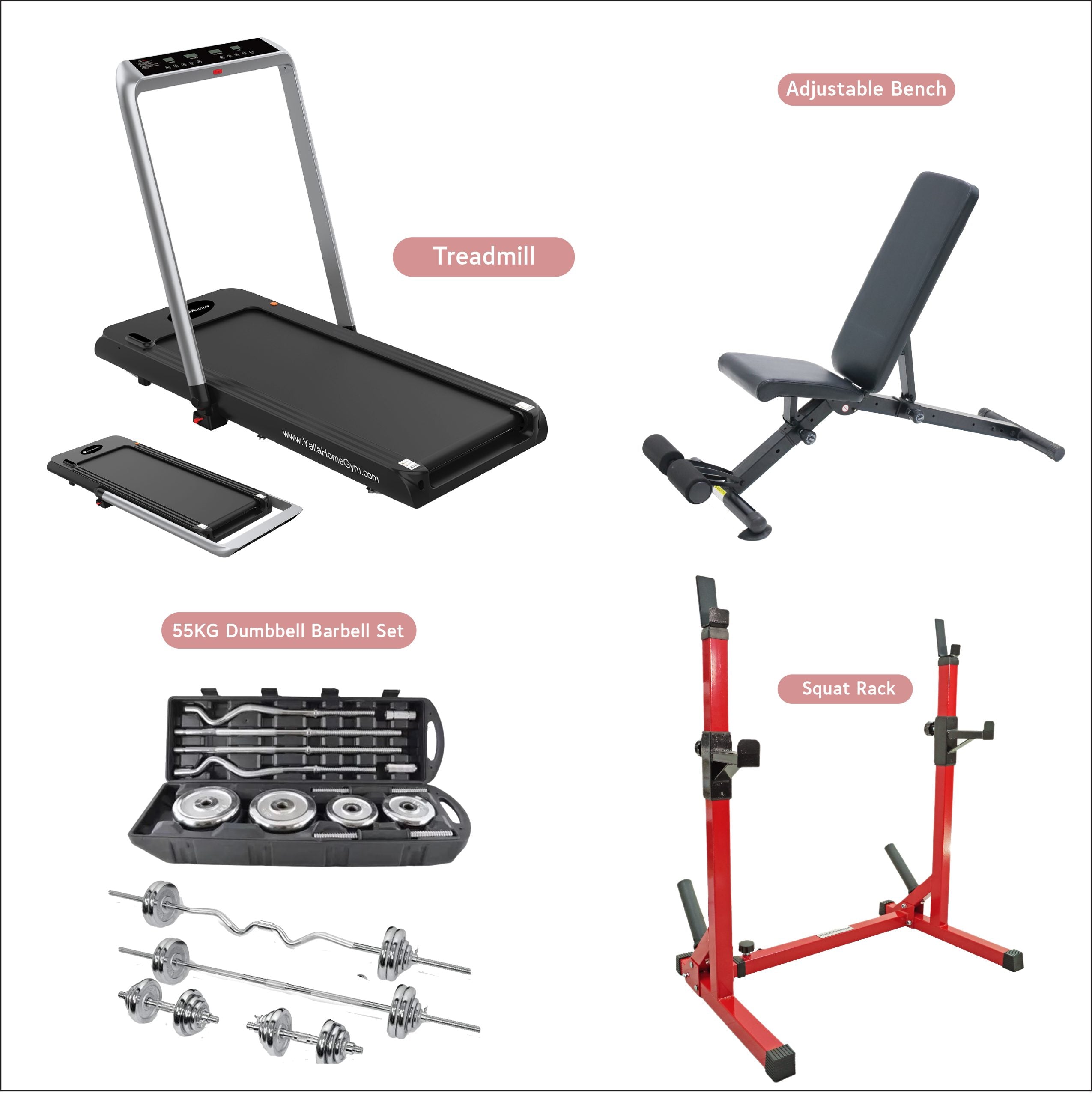 YALLA HomeGym Treadmill, Bench, Dumbbells &amp; Squat Rack Full Body Fitness Bundle